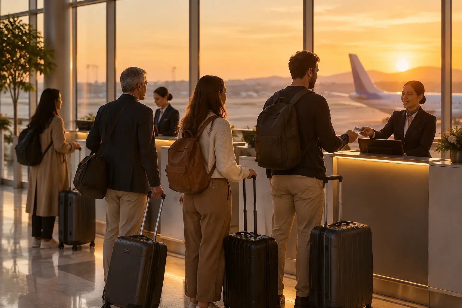 Пассажиры с чемоданами у стойки регистрации на рейс Москва - Хургада, апрельское утро в терминале аэропорта