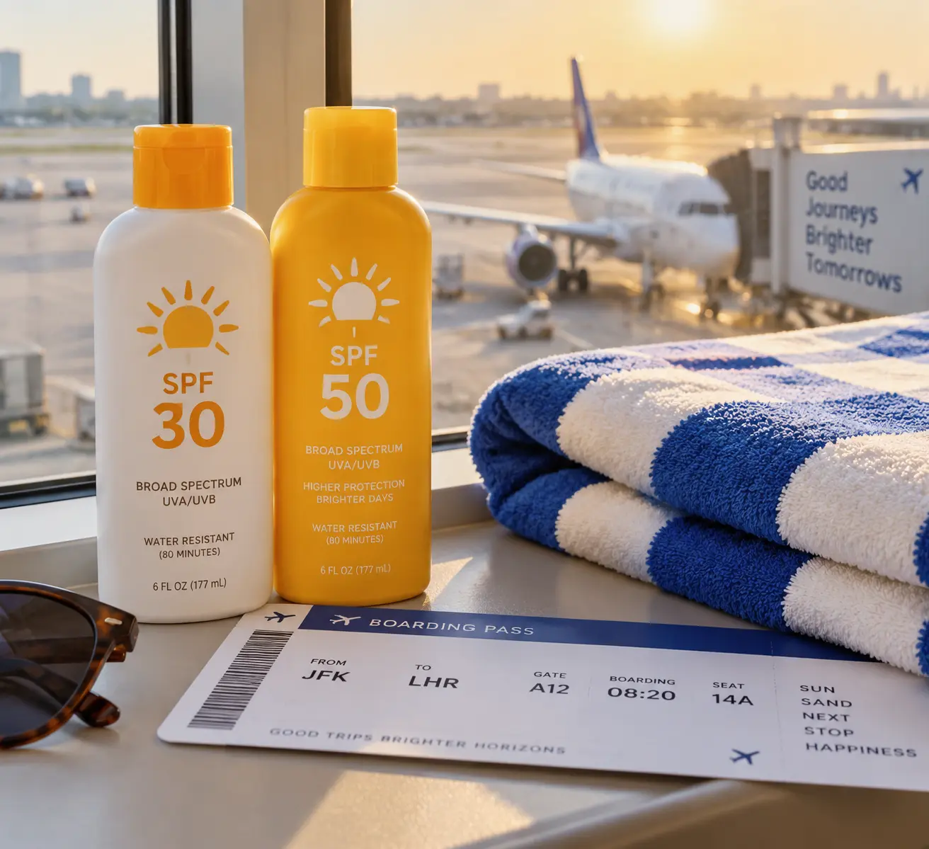 Флаконы солнцезащитного крема SPF 50 и SPF 30 стоят рядом с билетом на рейс и пляжным полотенцем в аэропорту перед вылетом.