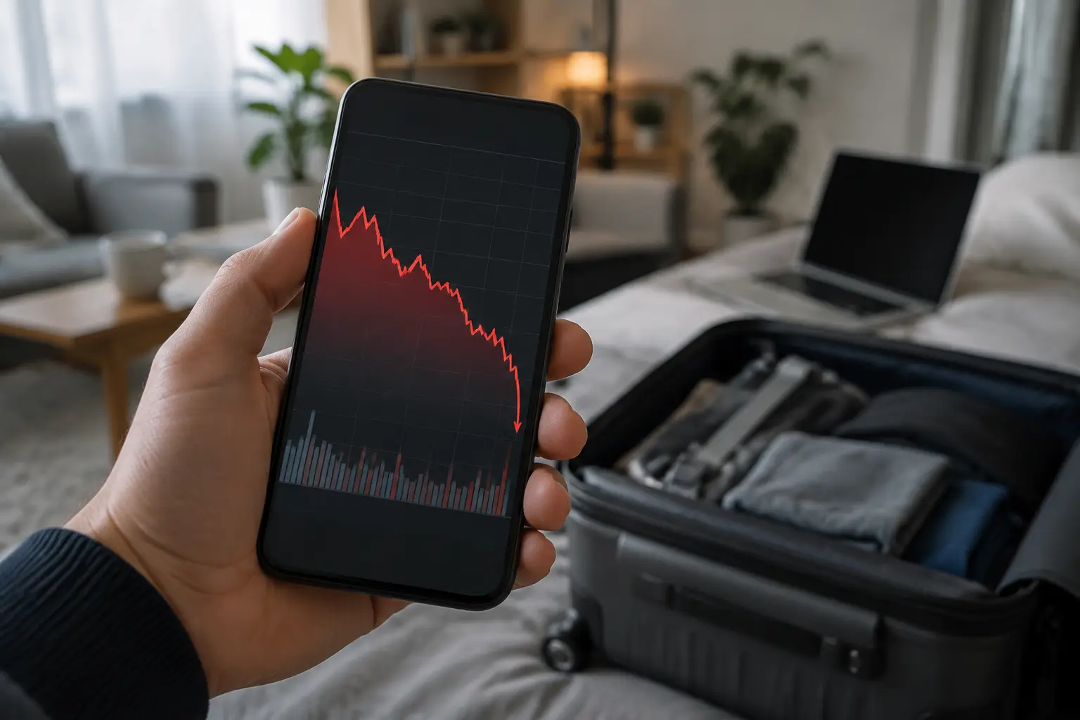 Смартфон в руке с уведомлением о снижении цены на тур в Египет, позади чемодан и ноутбук с открытой таблицей мониторинга по трём направлениям